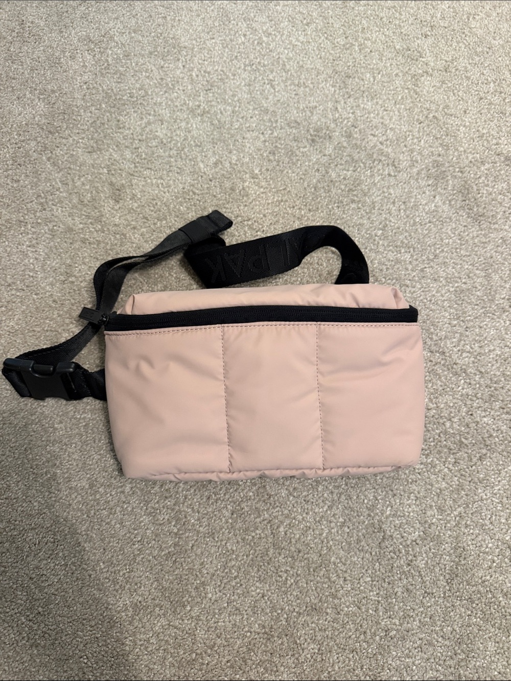 Calpak Blush Pink Quilted Crossbody Belt Bag with Black Strap